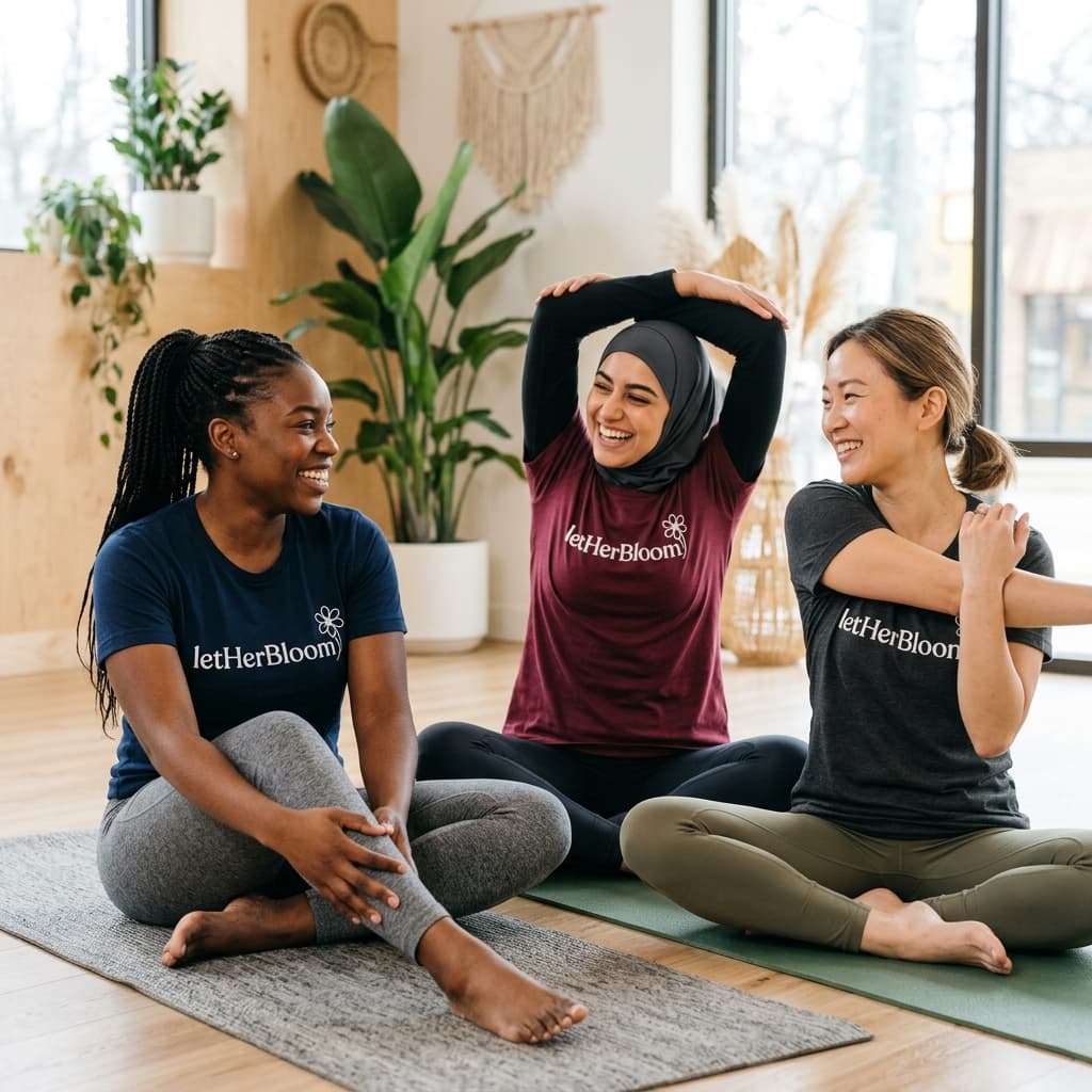 Women stretching and smiling during fitness training